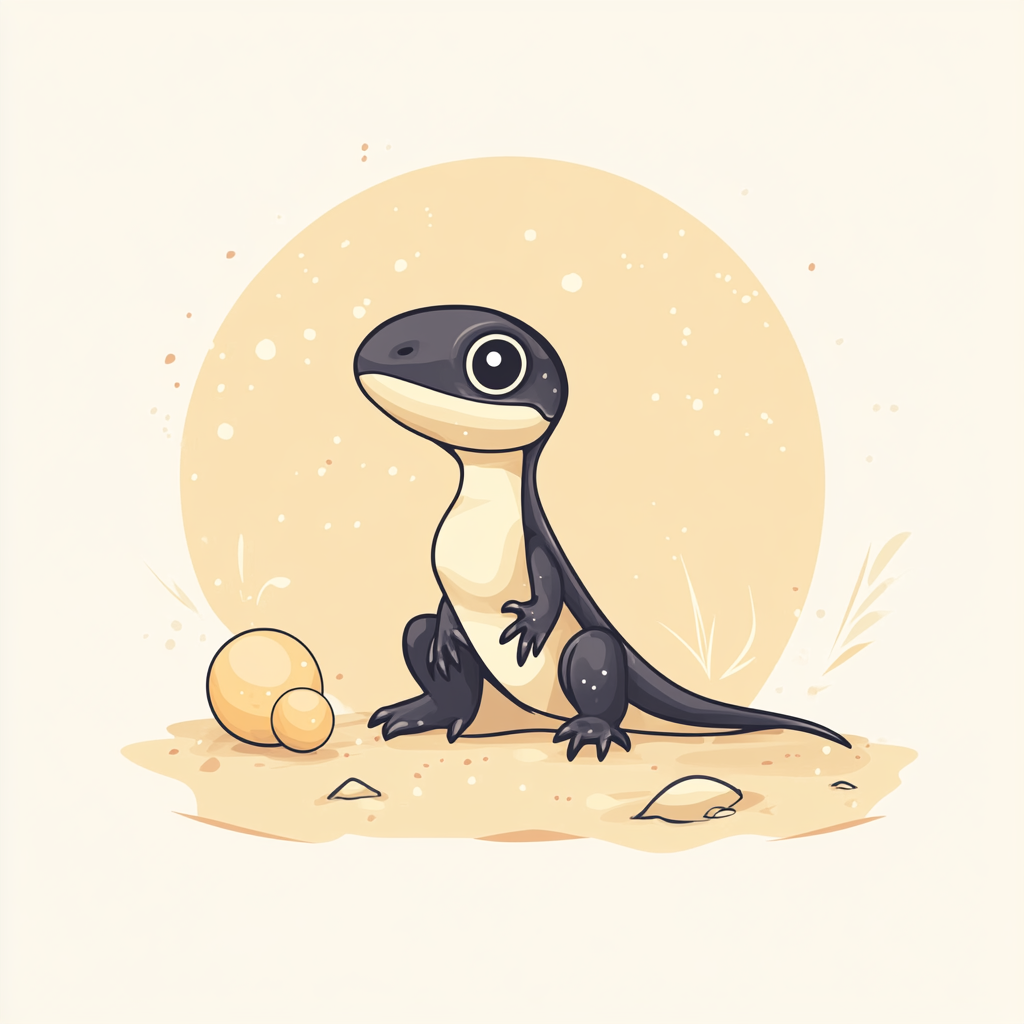 Minimalist cute lizard with balls on light yellow background.