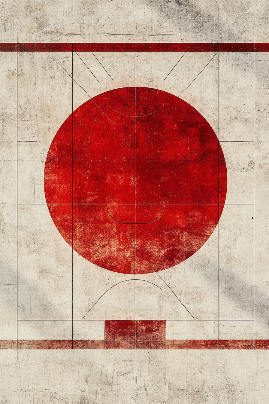 Minimalist full basketball court, Japanese flag design, sleek.