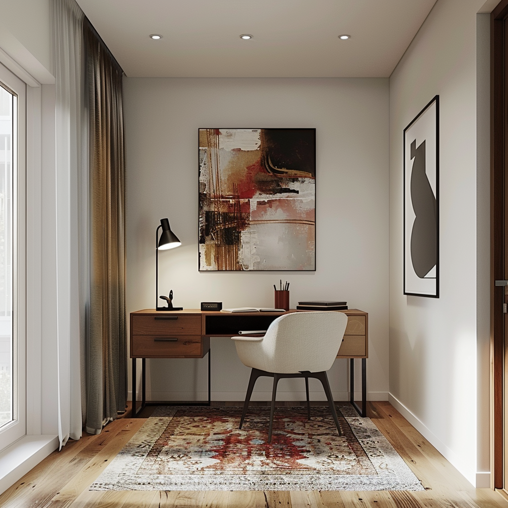 Minimalist home office with walnut desk and modern accents.