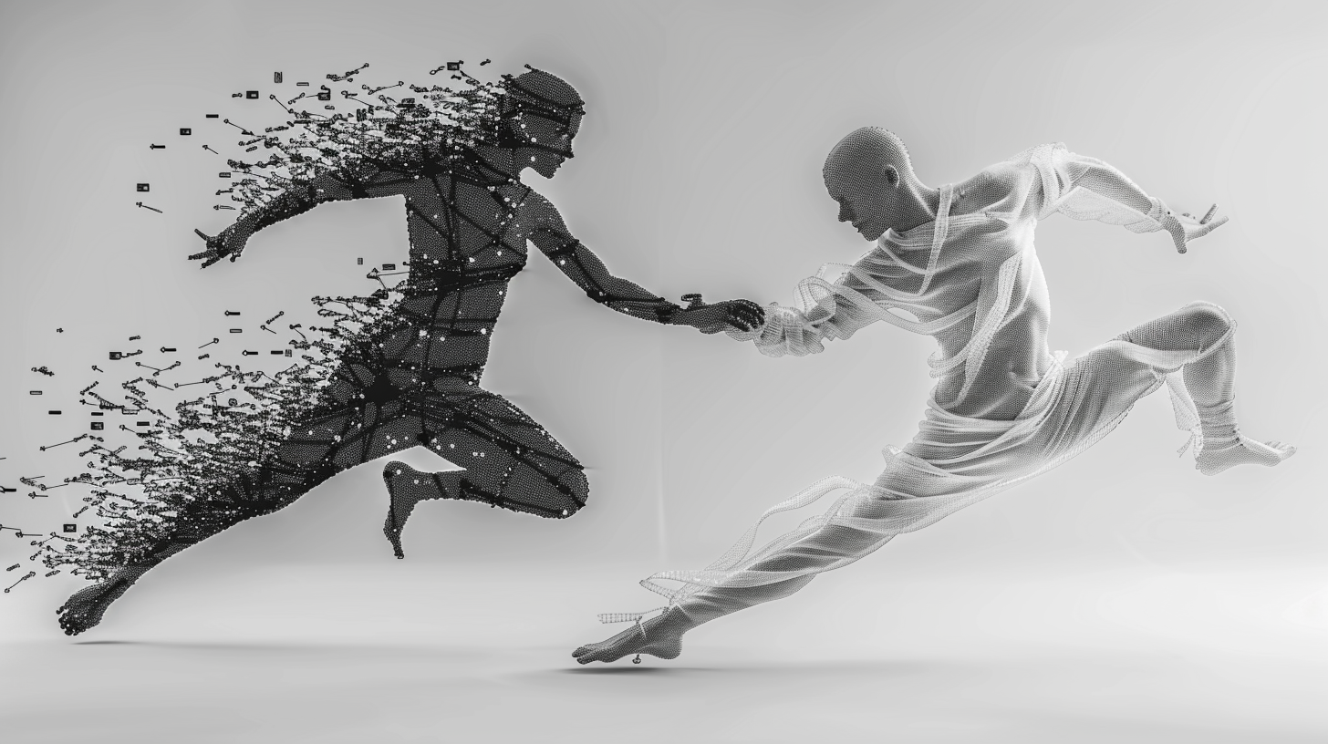 Minimalist human AI dance with flowing data lines