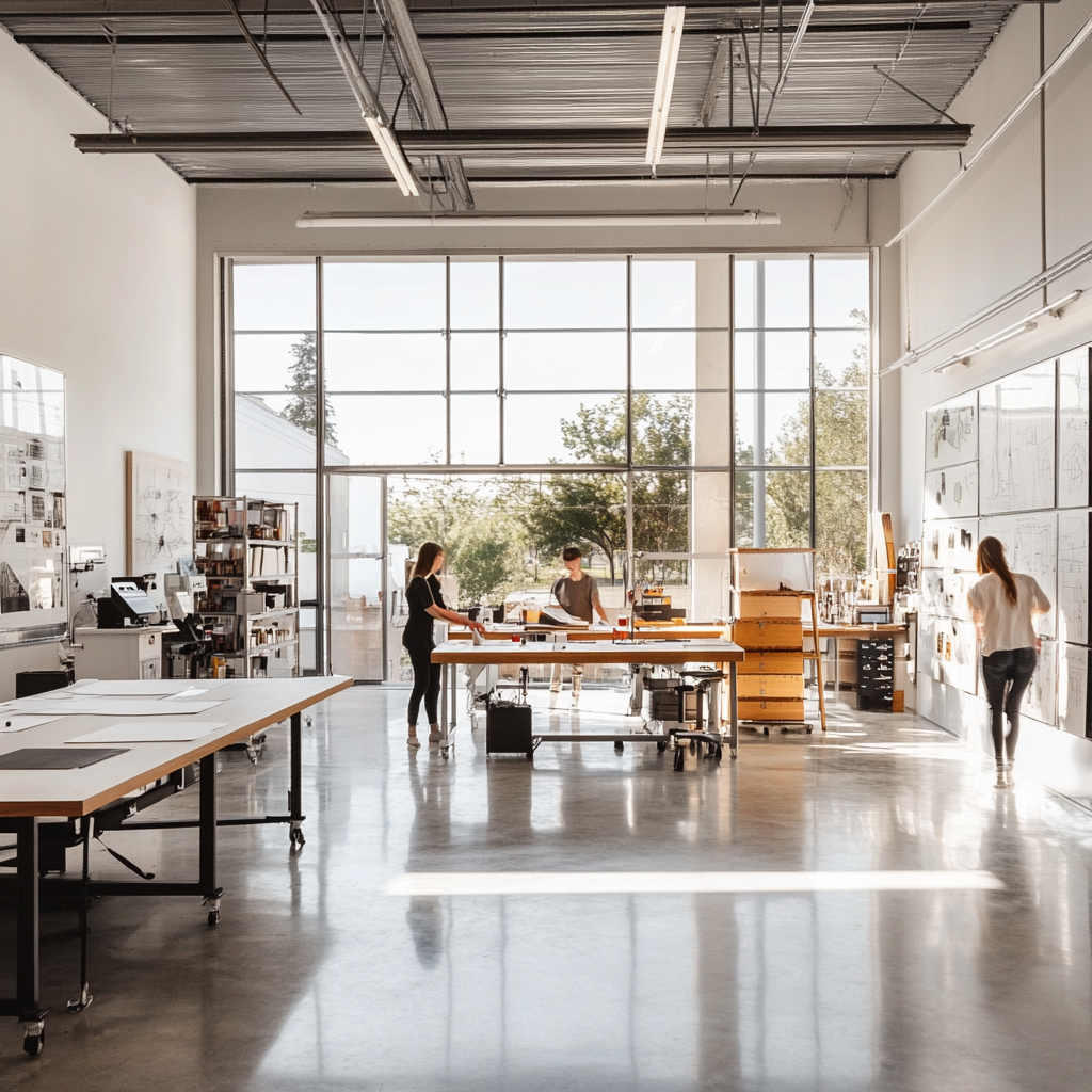 Minimalist industrial design studio with hands-on workstations.