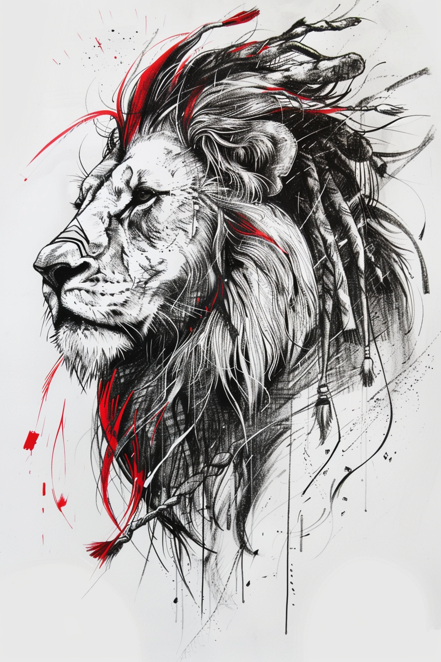 Minimalist lion head drawing with dreadlock mane, black and white.