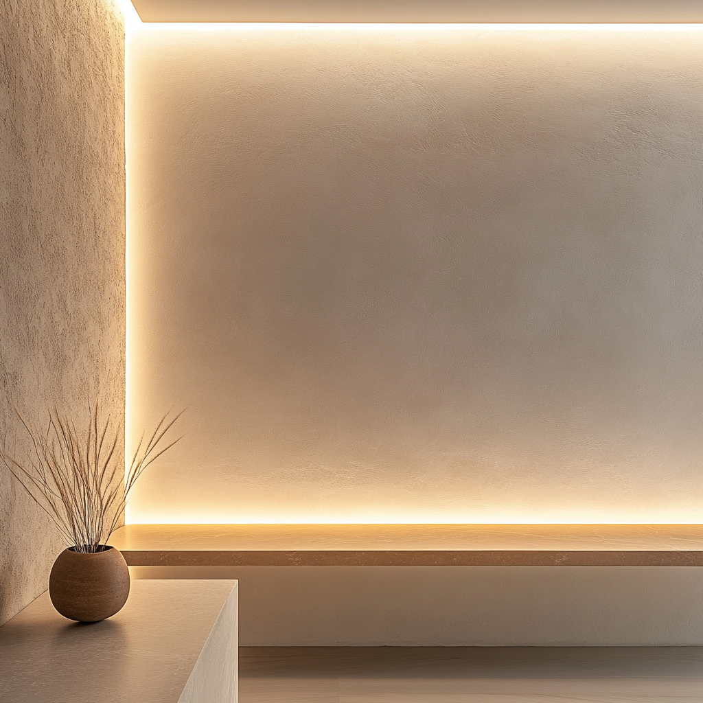 Minimalist living room interior with white wall backdrop.