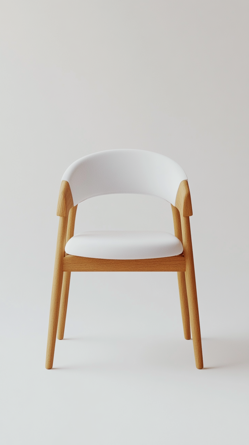 Minimalist modern chair on white background with natural lighting.