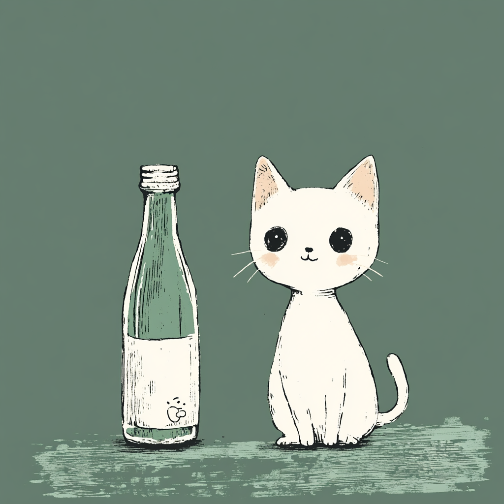 Minimalist pen drawing of cute white cat and bottle.