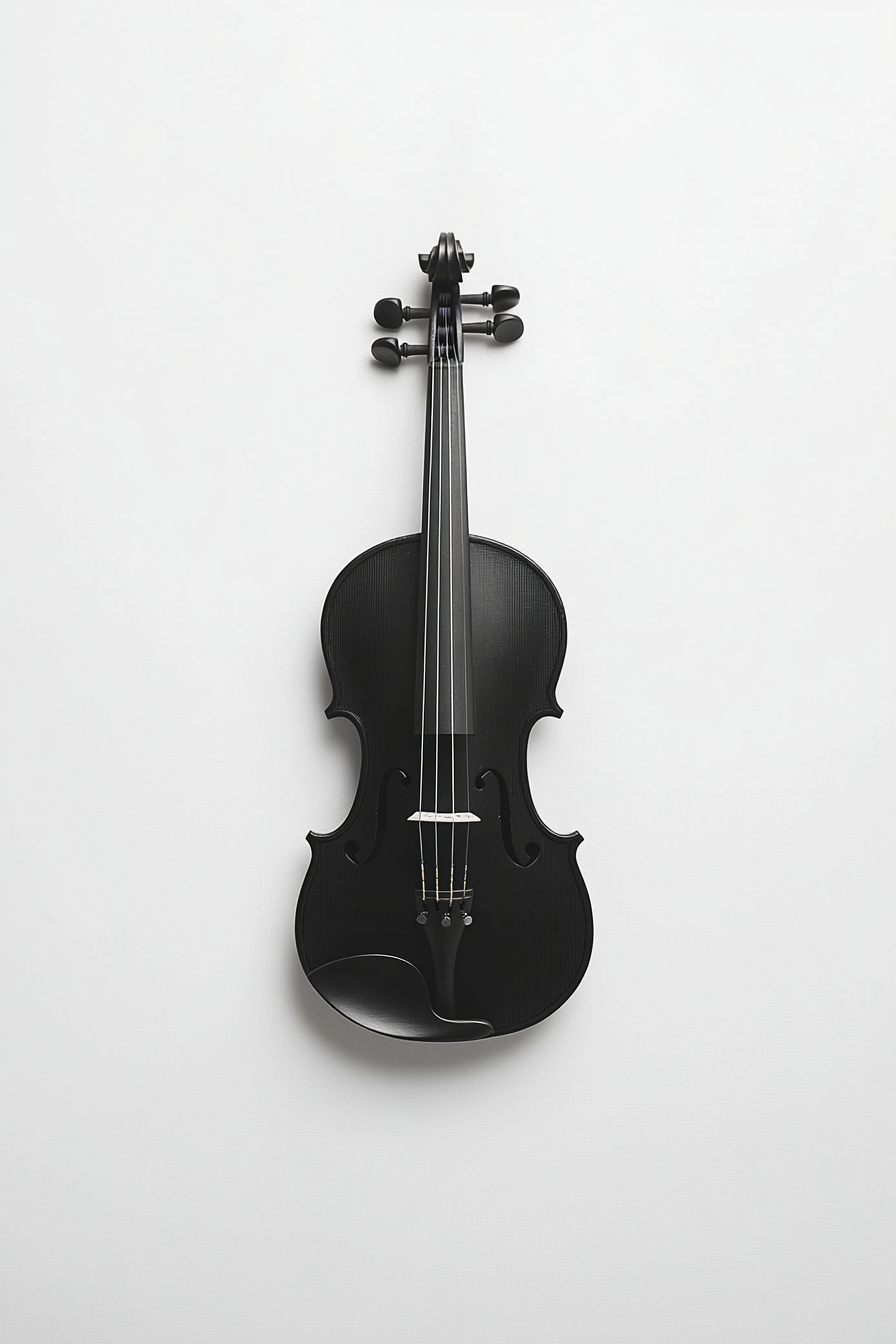 Minimalist photo of violin and bow on white background.