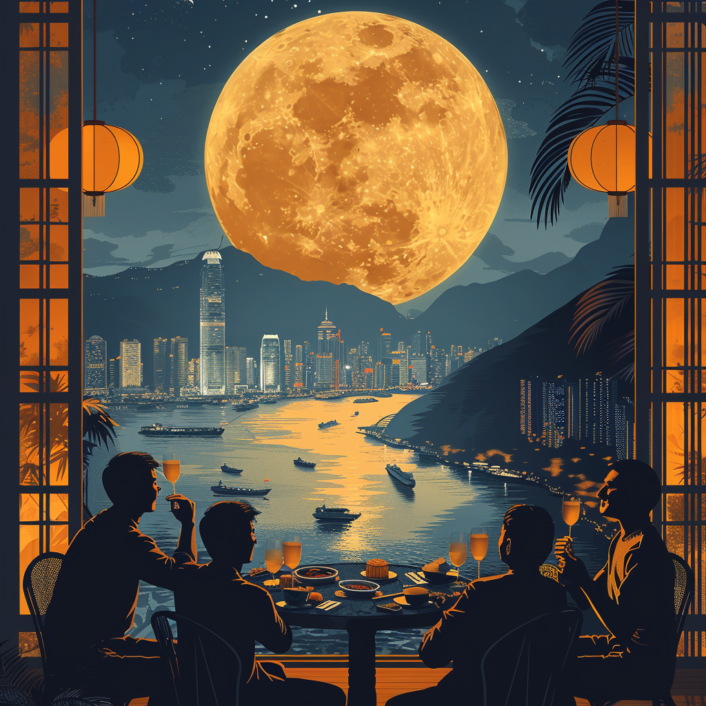 Minimalist poster of Asian friends celebrating Mid-Autumn Festival.