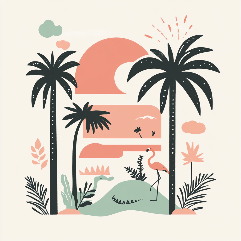 Minimalist retro logo with Miami vibe: palm trees, sun.