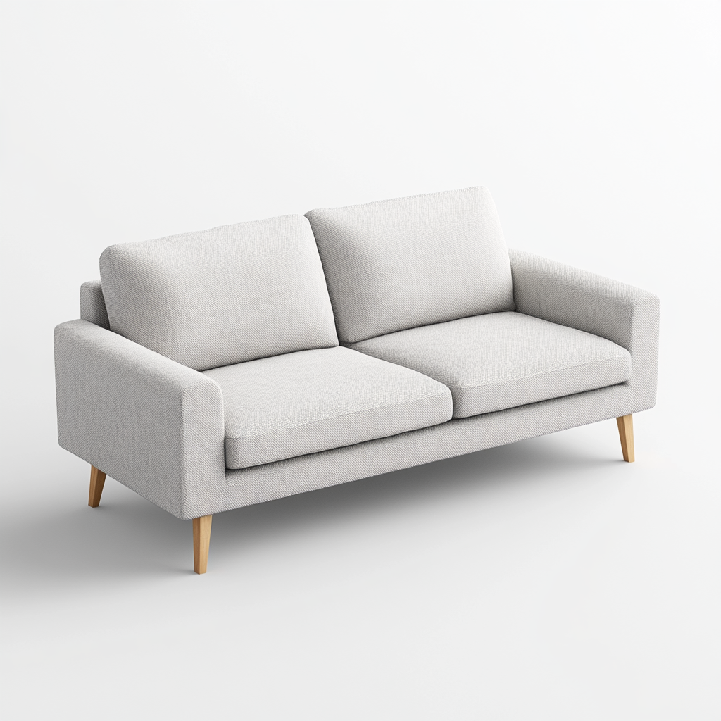 Minimalist-style sofa, light gray fabric, wooden legs.