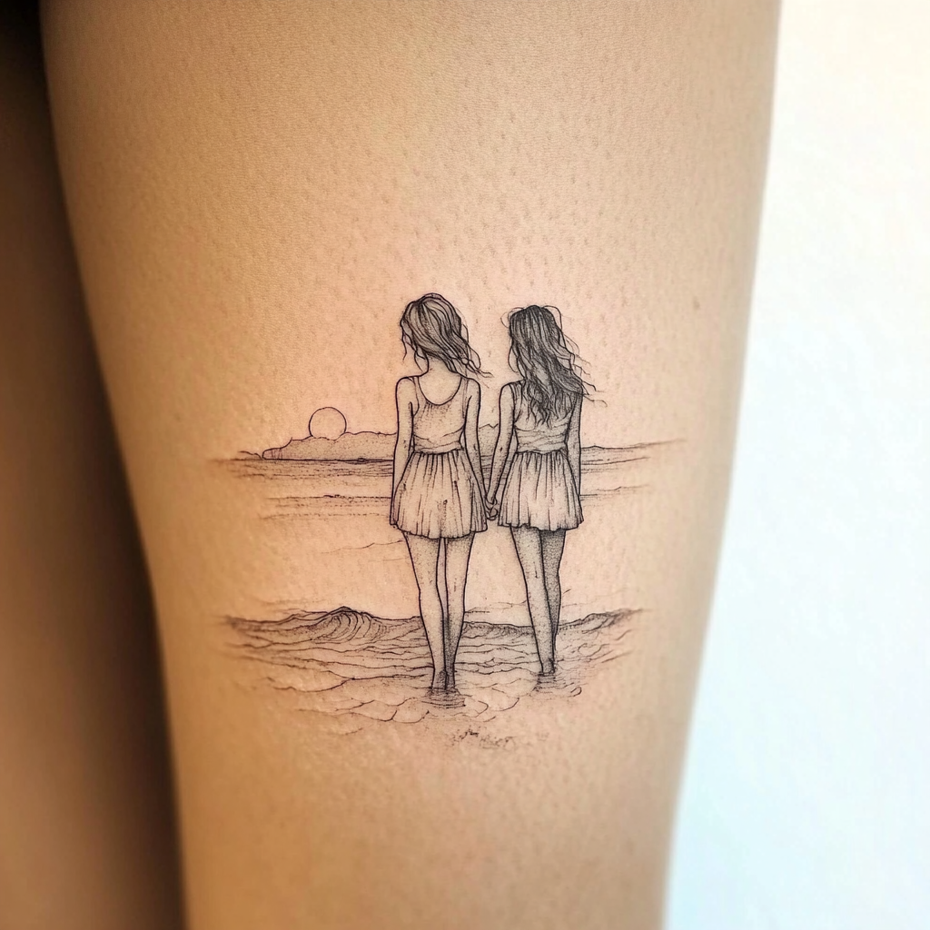 Minimalist tattoo design of two women at ocean edge.