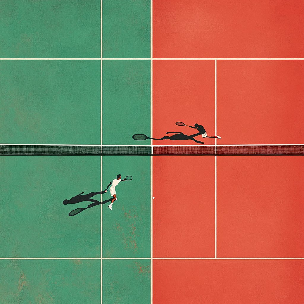 Minimalist tennis court art with players, red background.