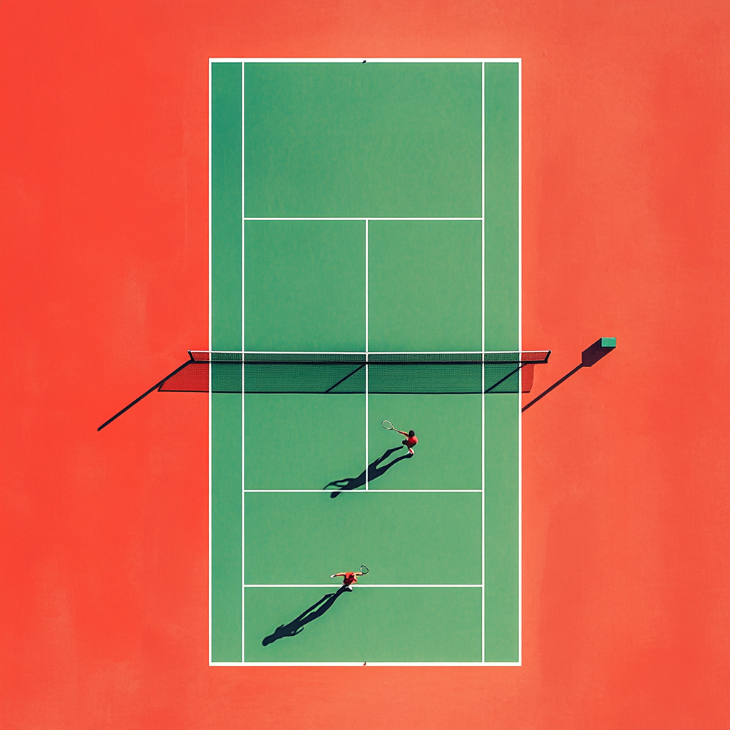 Minimalist tennis court with players on red background design.