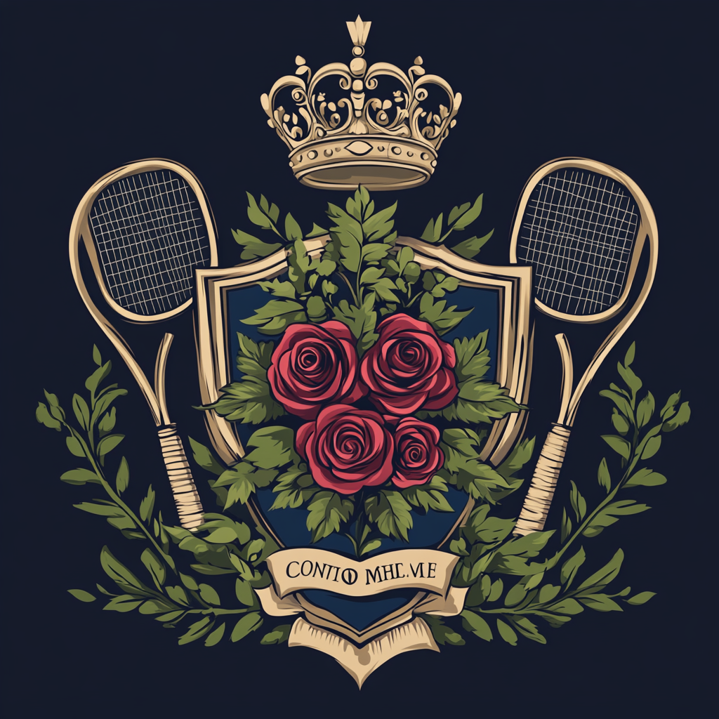 Minimalist vector coat of arms with roses, tiara, and tennis rackets