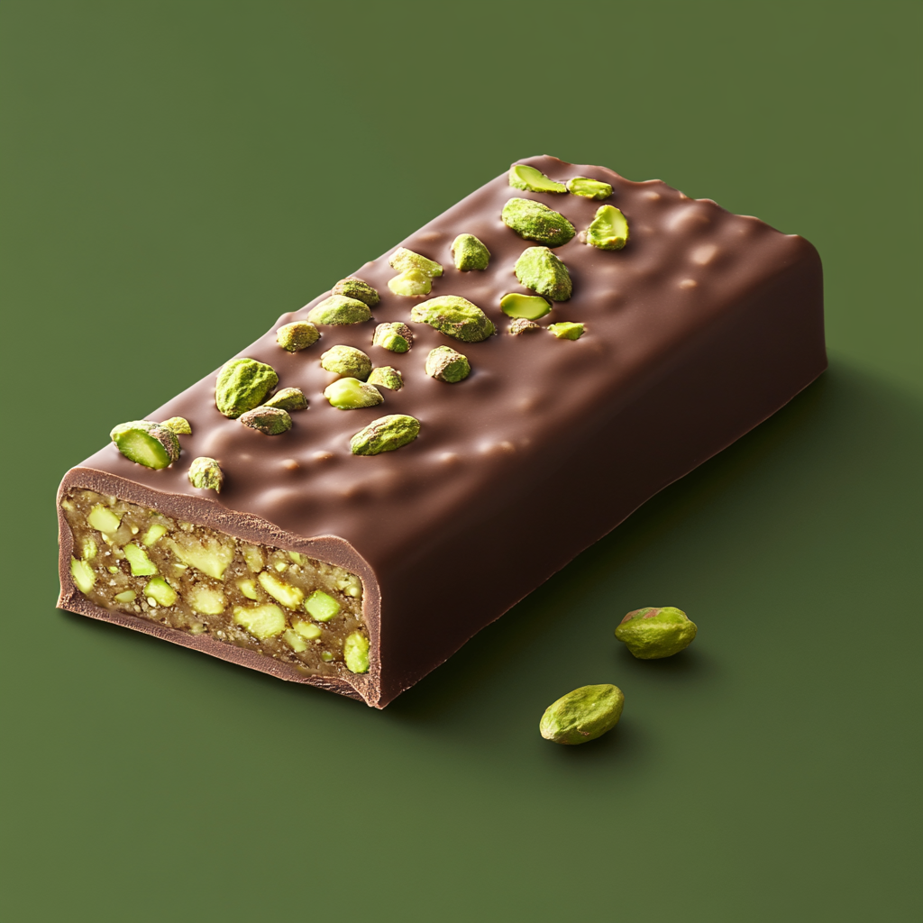 Minimalistic MYDAYS chocolate label with hyper-realistic Kunafa Pistachio flavor.