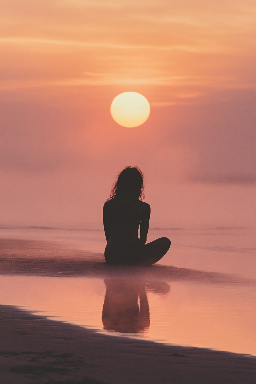 Minimalistic Woman Silhouette Sitting on Beach at Sunset