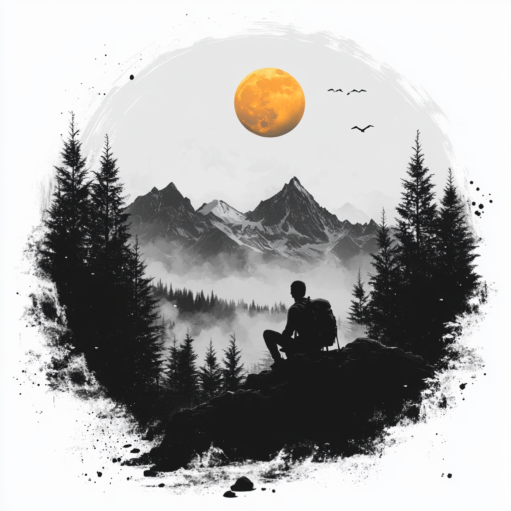 Minimalistic camping logo with man, mountains, and moon.