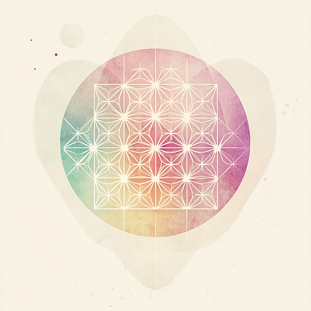 Minimalistic design with sacred geometry in soft pastels and symmetry.