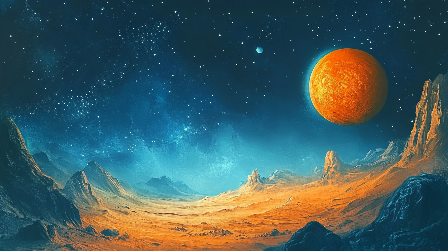 Minimalistic illustration of orange planet in space.