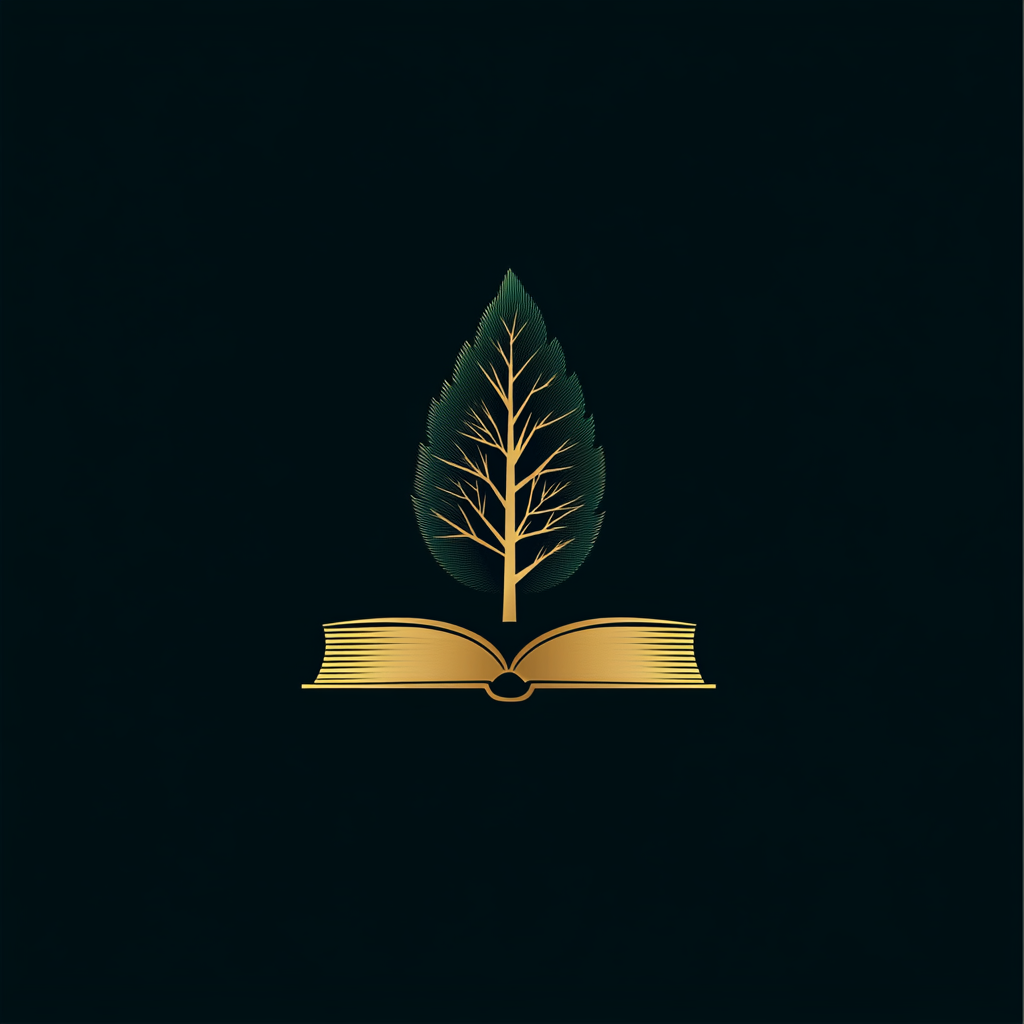 Minimalistic logo: closed book, tree sprouting, gold, green