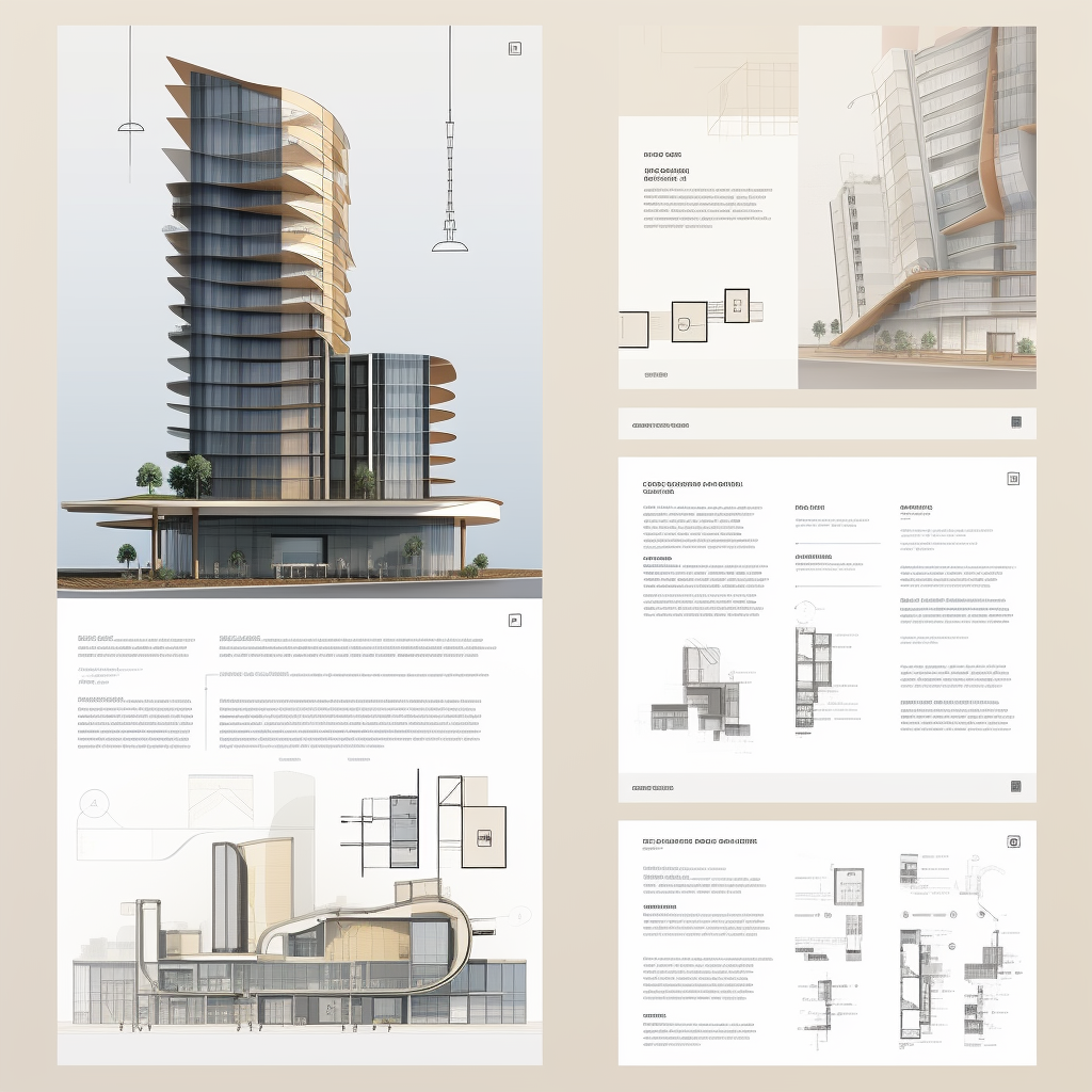 Minimalistic portfolio layout showcasing technical drawings of high-rise building.