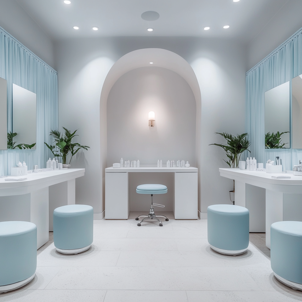 Minimalistic spa room with white nail vanity tables.