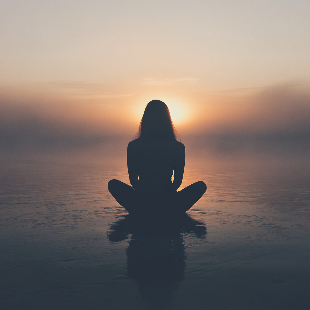 Minimalistic sunset silhouette: woman sitting on beach in fog