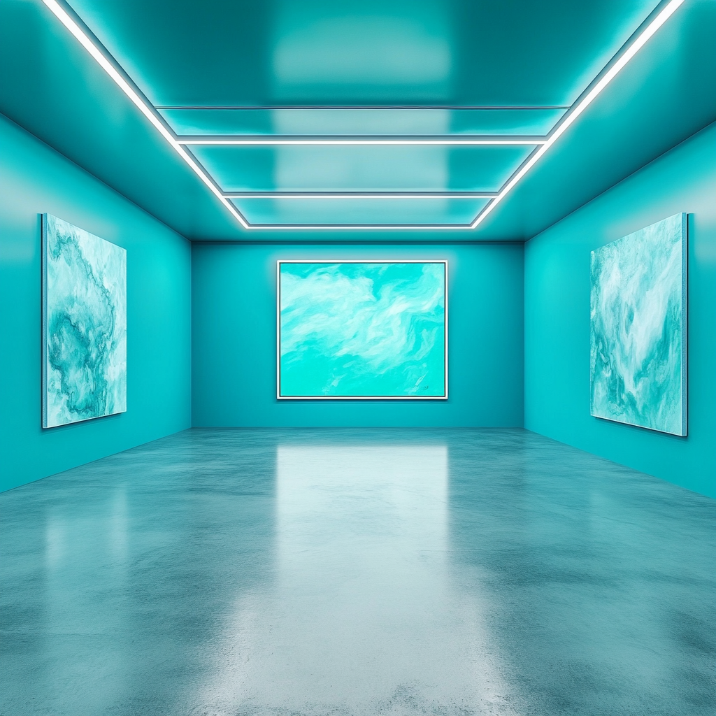 Minimalistic turquoise room with LED lights and abstract painting.