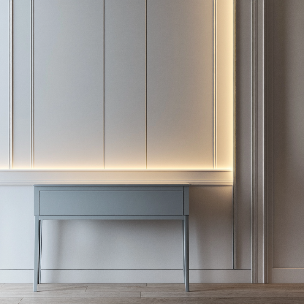 Minimize hall scene: white wall, soft light, vintage table.