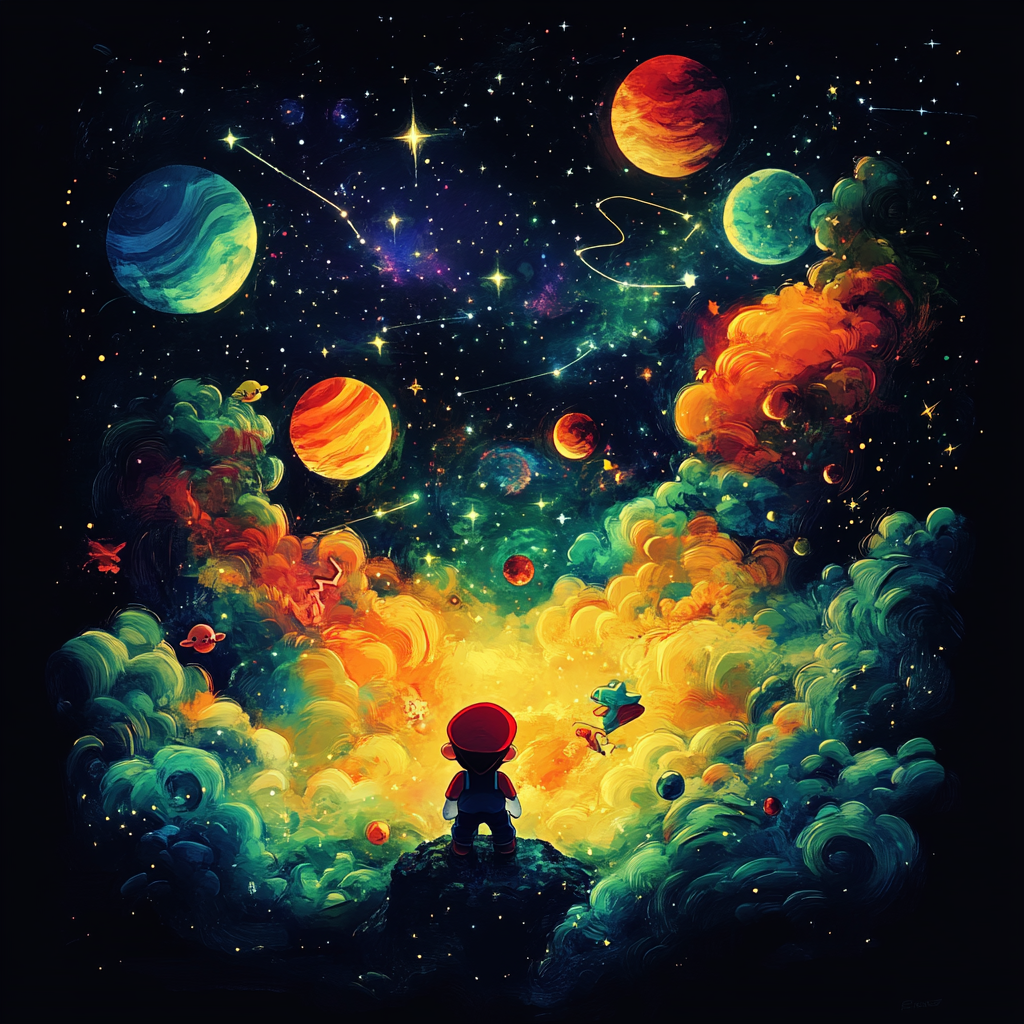 Minions, Pokémon, Mario in space with planets, galaxy, stars.