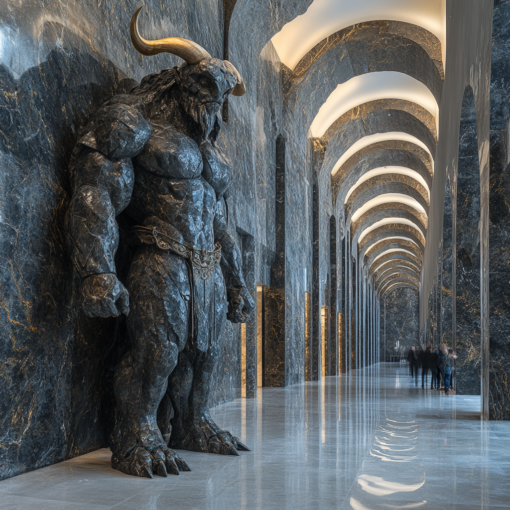 Minotaur standing tall in mirrorlike granite hallway.