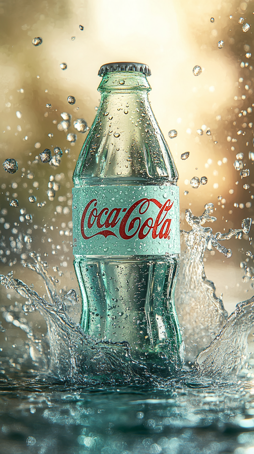 Mint green Coca-Cola bottle on sparkling water droplets.