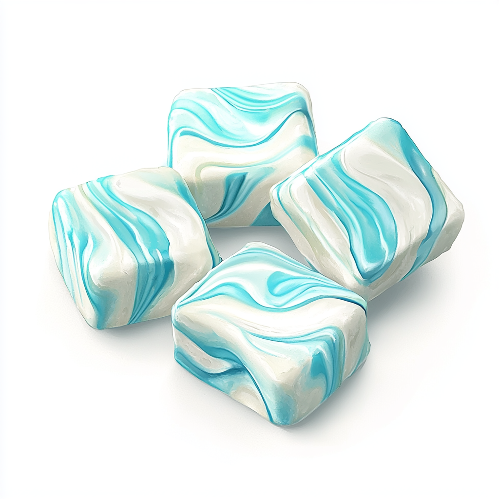 Mint snacks like plum cake. FRISK logo, blue streaks.