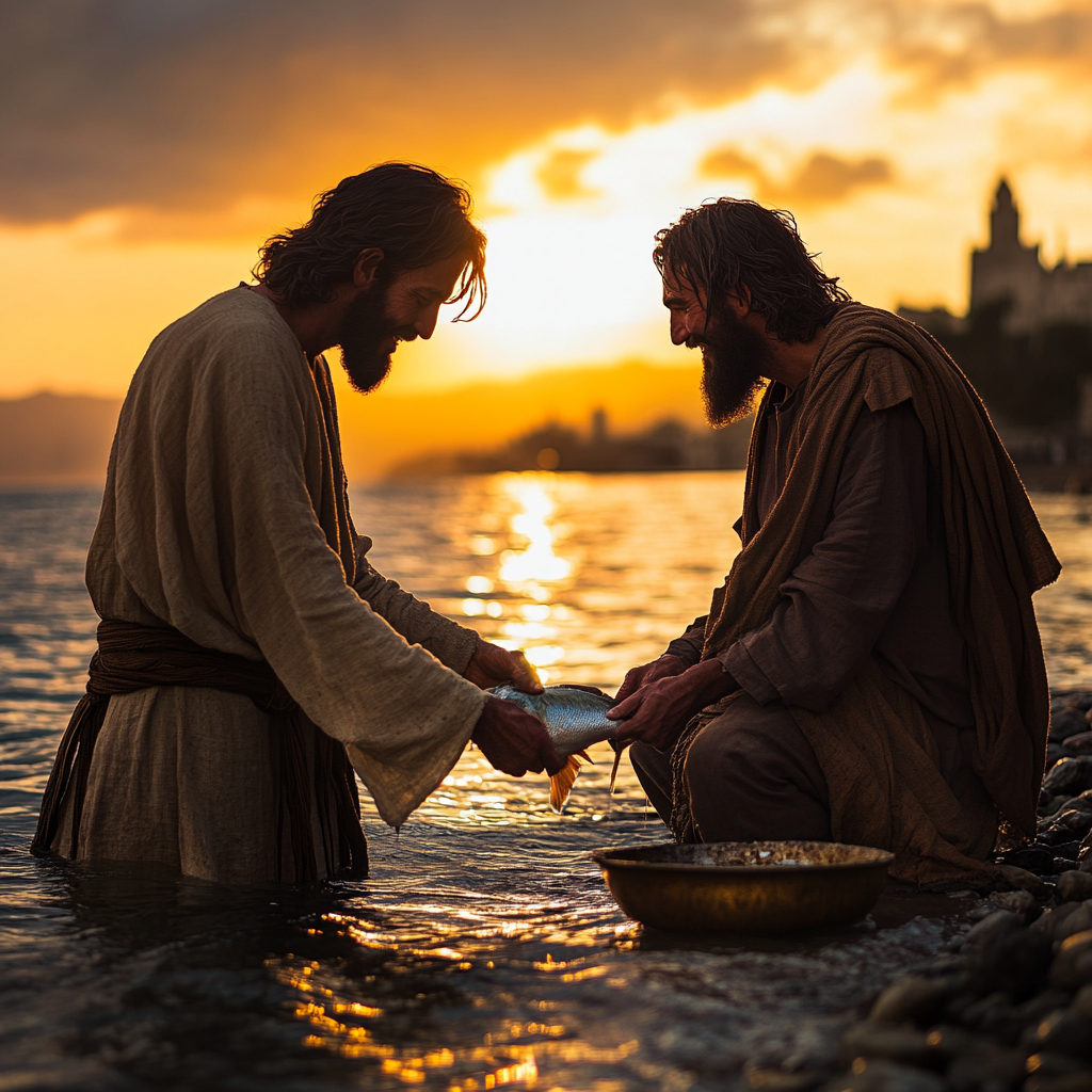 Miraculous moment captured: Peter retrieves coin from fish.