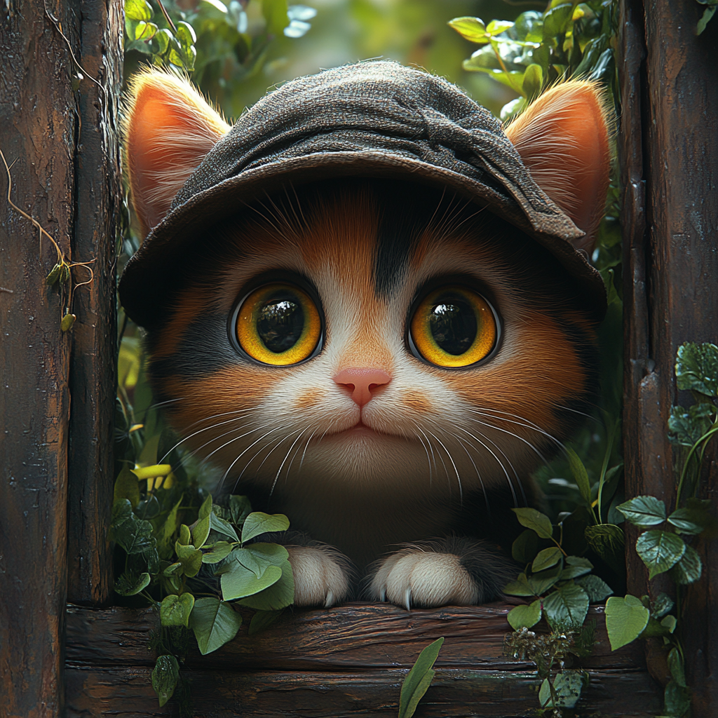 Mischievous calico cat detective investigates garden passage, 3D cartoon.