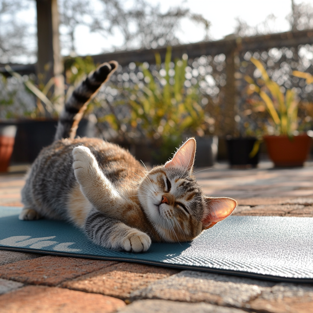 Mischievous cat practicing yoga on stylish outdoor mat.