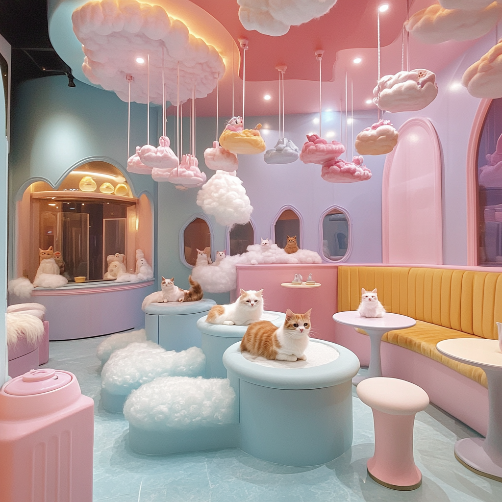 Mischievous cats in pastel café with eccentric décor.