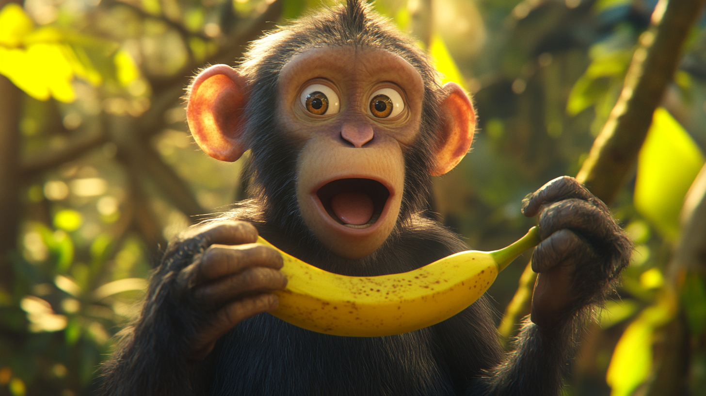 Mischievous monkey Banjo behaves as he eats banana.