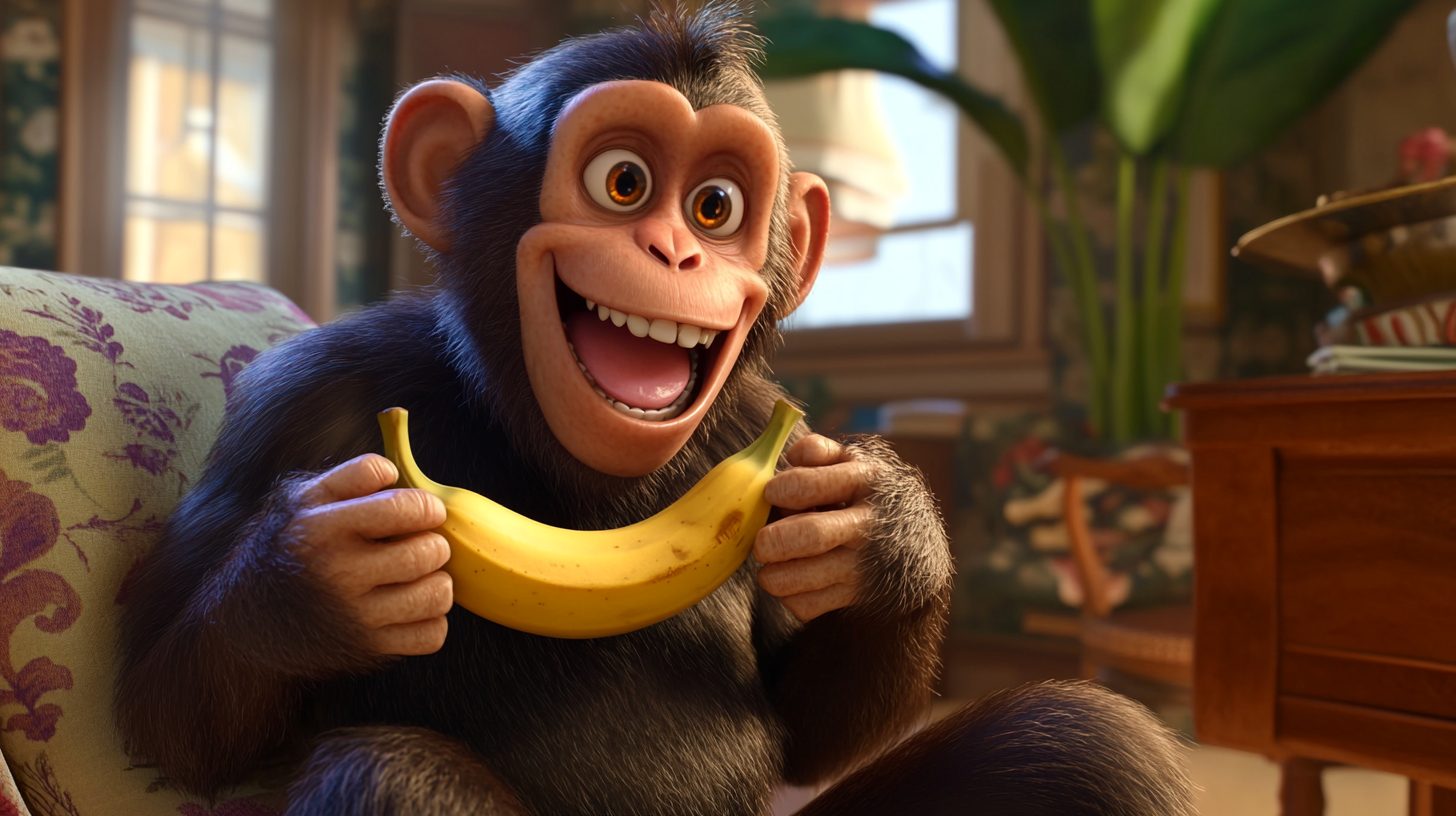 Mischievous monkey with banana behaves in realistic animated living room.