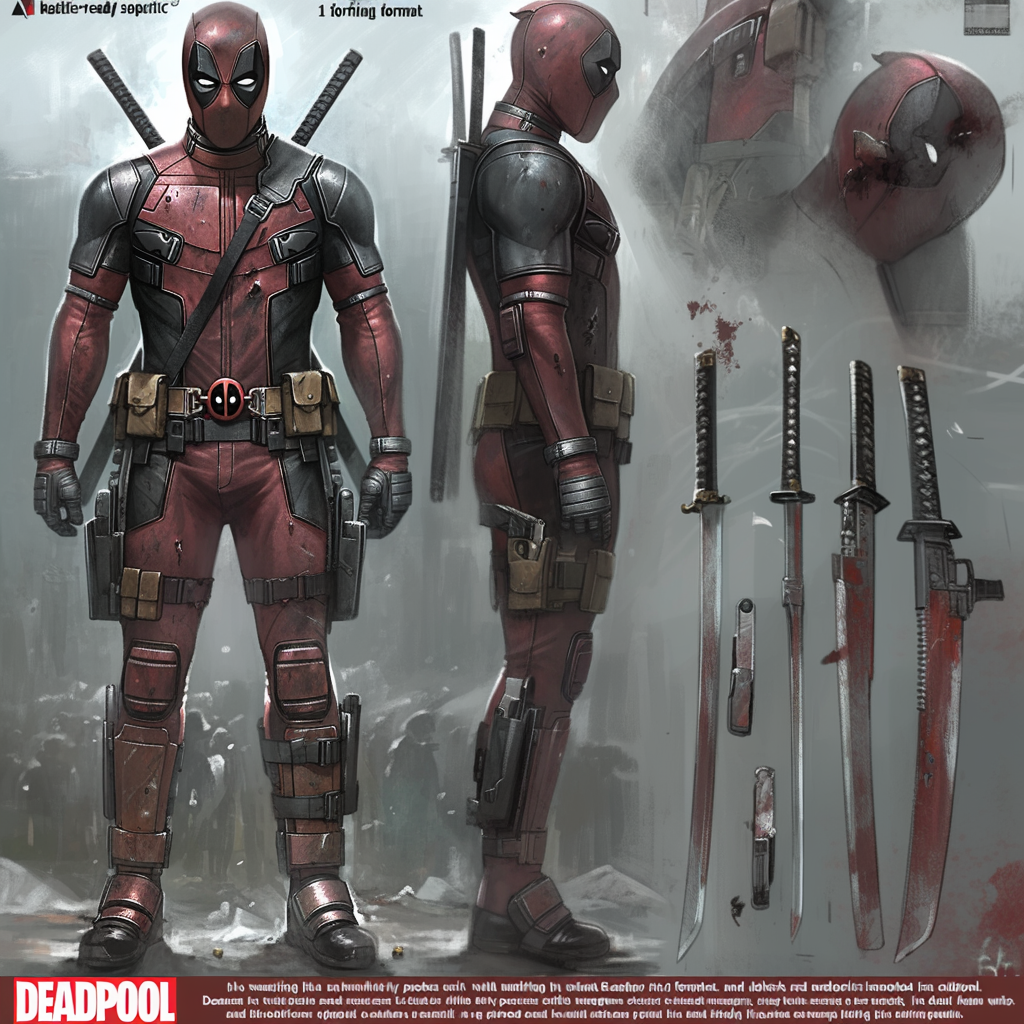 Mischievous superhero Deadpool in red and black suit, ready.