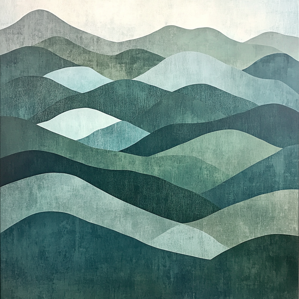 Misty Japanese Mountain Print in Teal and Olive