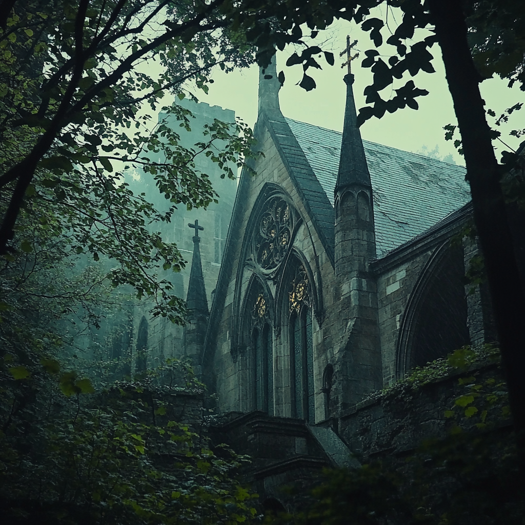 Misty Medieval Abbey in Nordic Forest