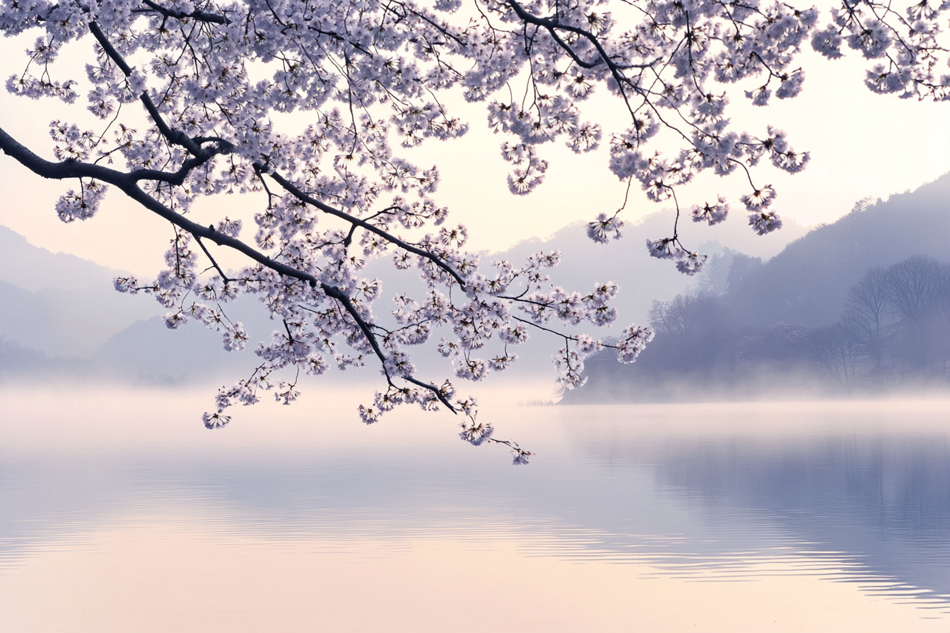 Misty hills over calm lake with cherry blossom branch.