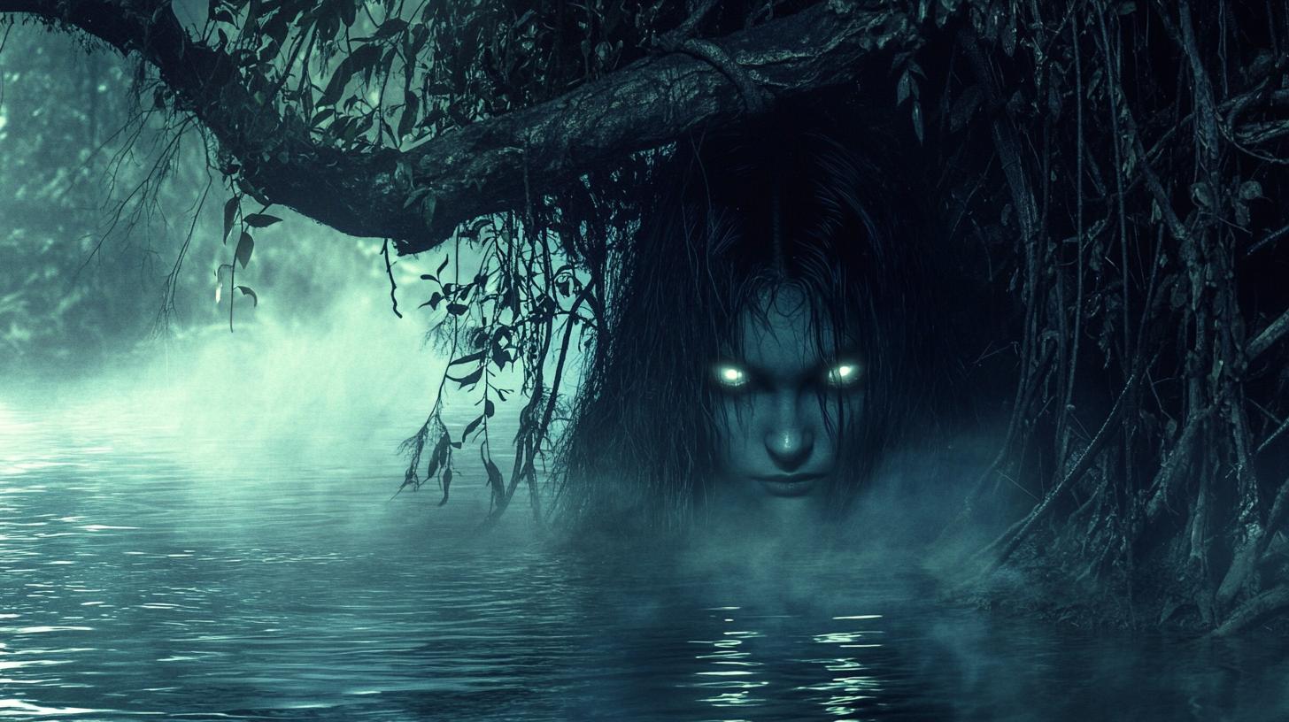 Misty lake at night with glowing eyes, eerie jungle.