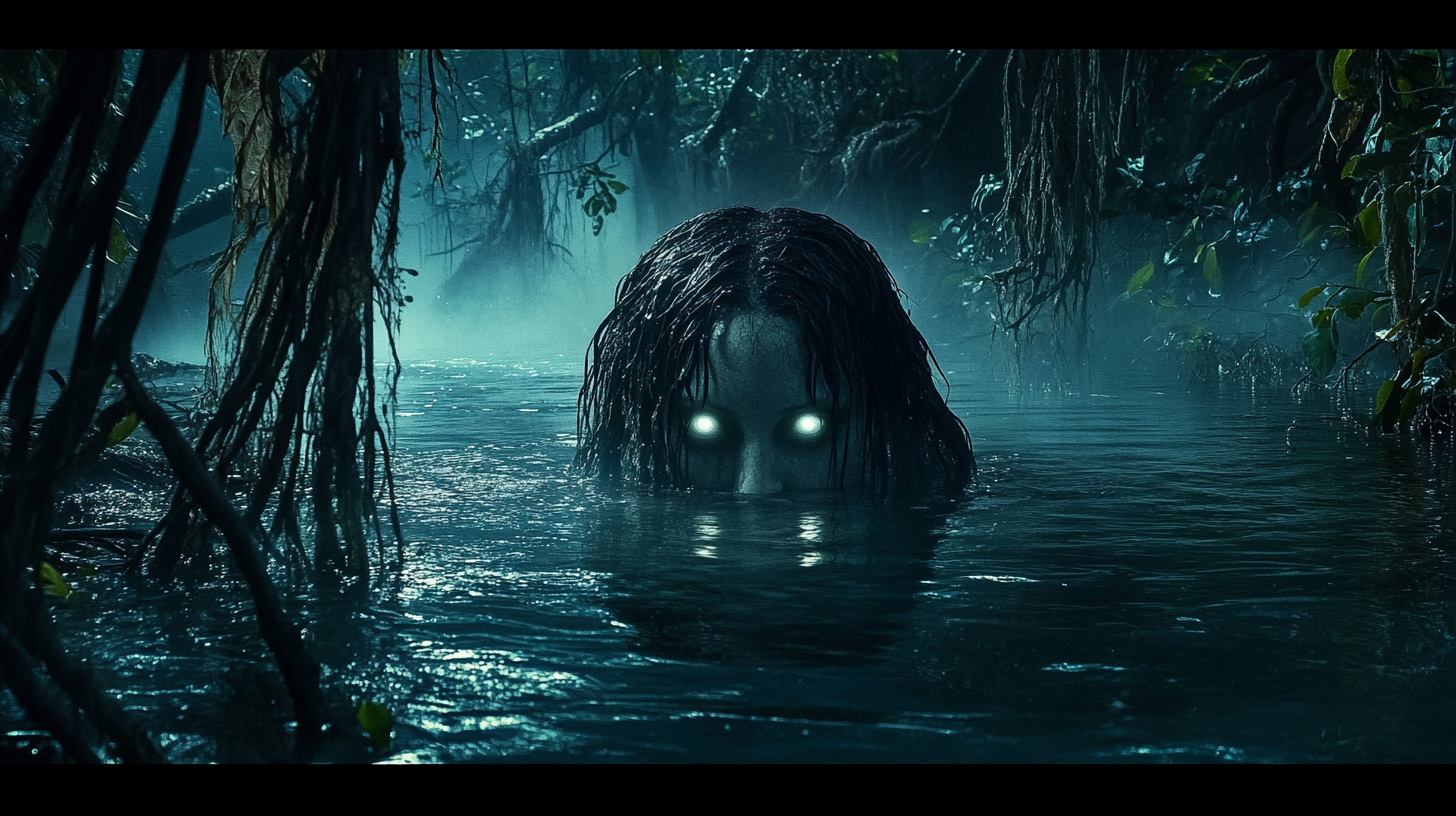 Misty lake with glowing eyes in jungle night.