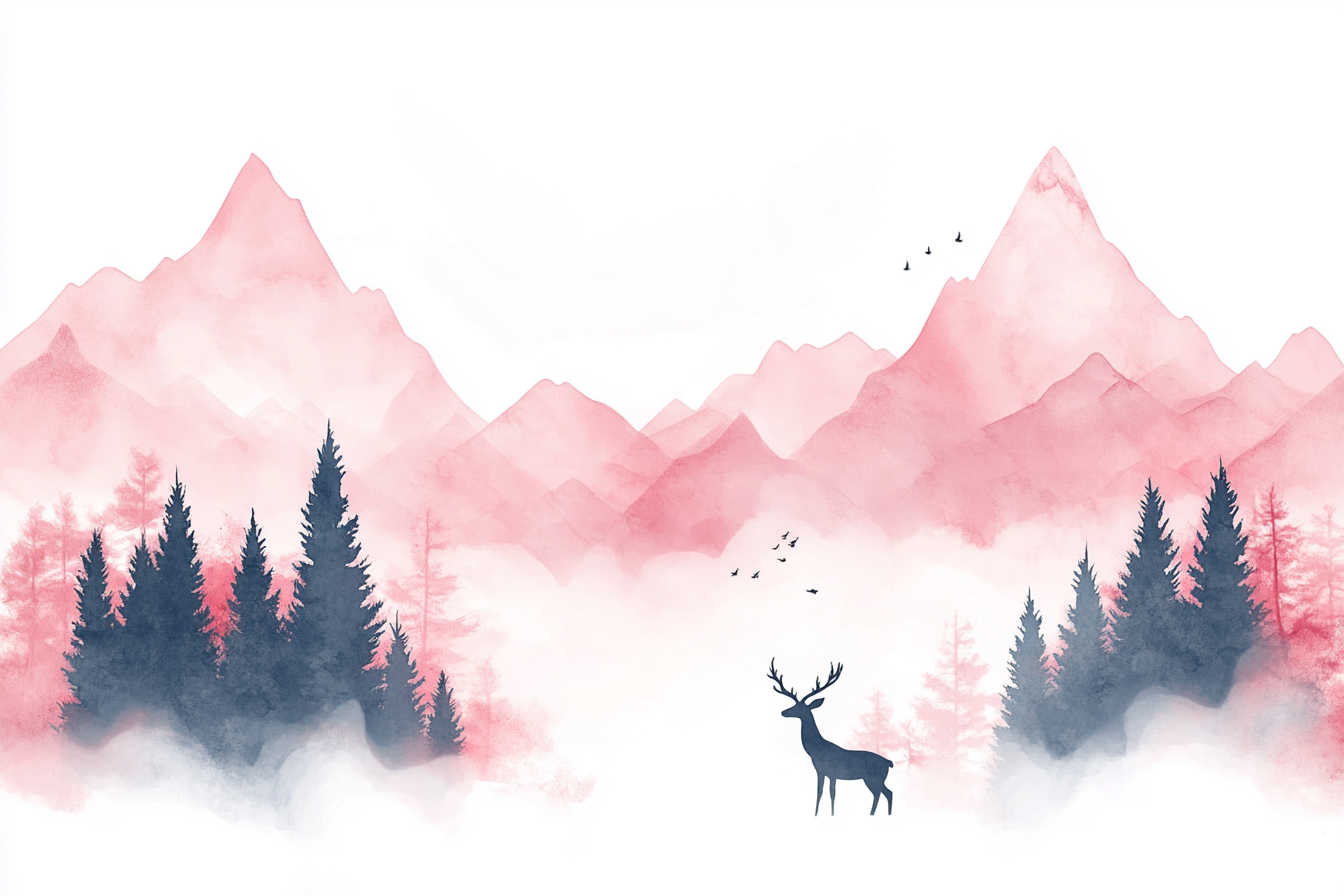 Misty mountains, trees, deer illustration on blank page.