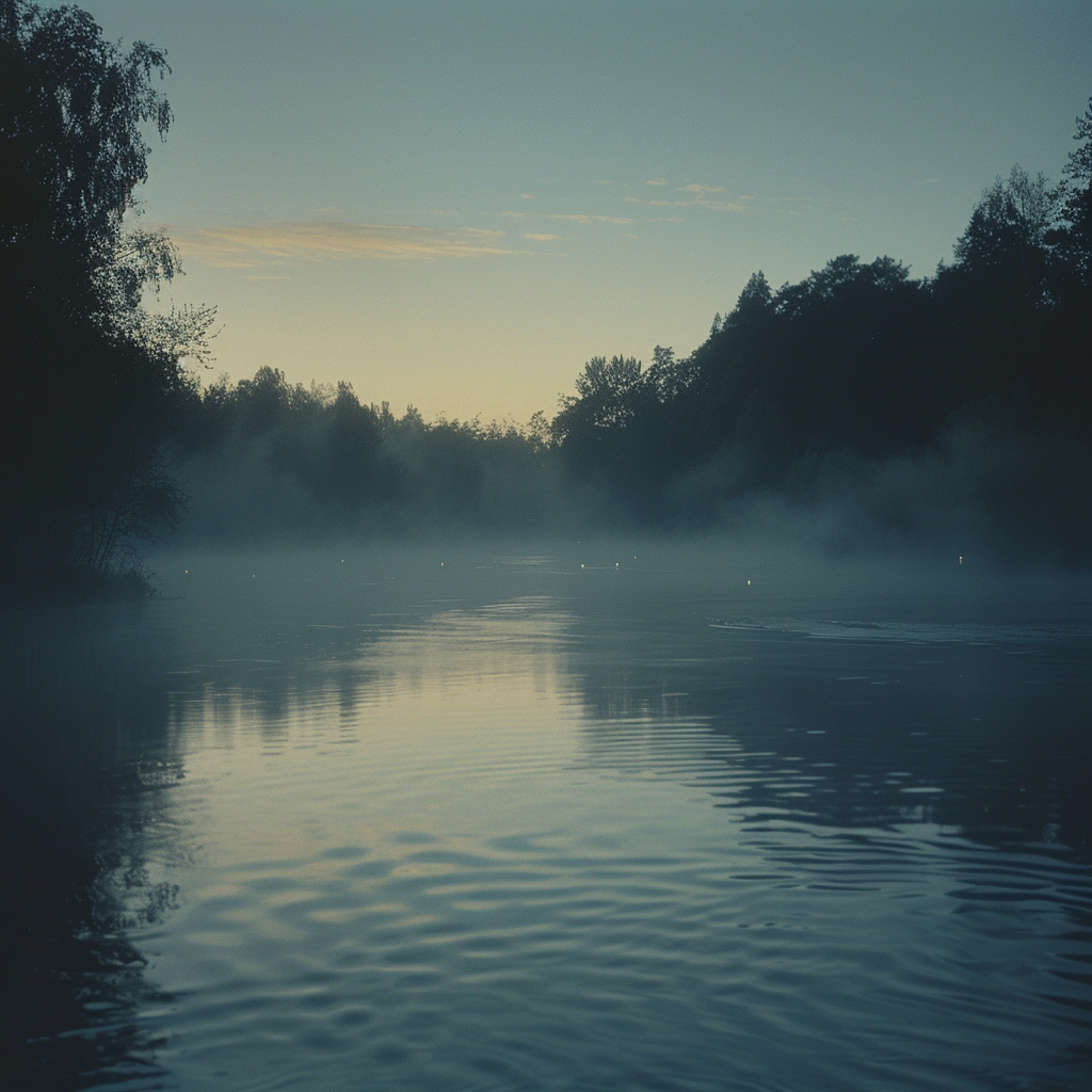 Misty river at dawn with unsettling glowing eyes.