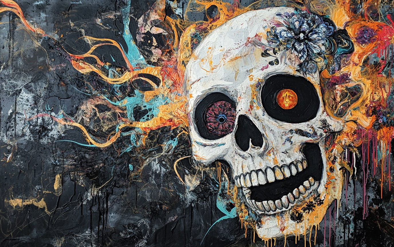 Mixed media artwork with skull motifs in intense colors.