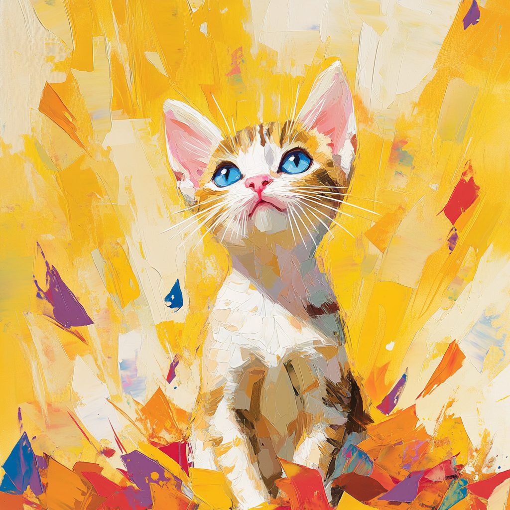 Mixed media painting with blue-eyed kitten in fall leaves.