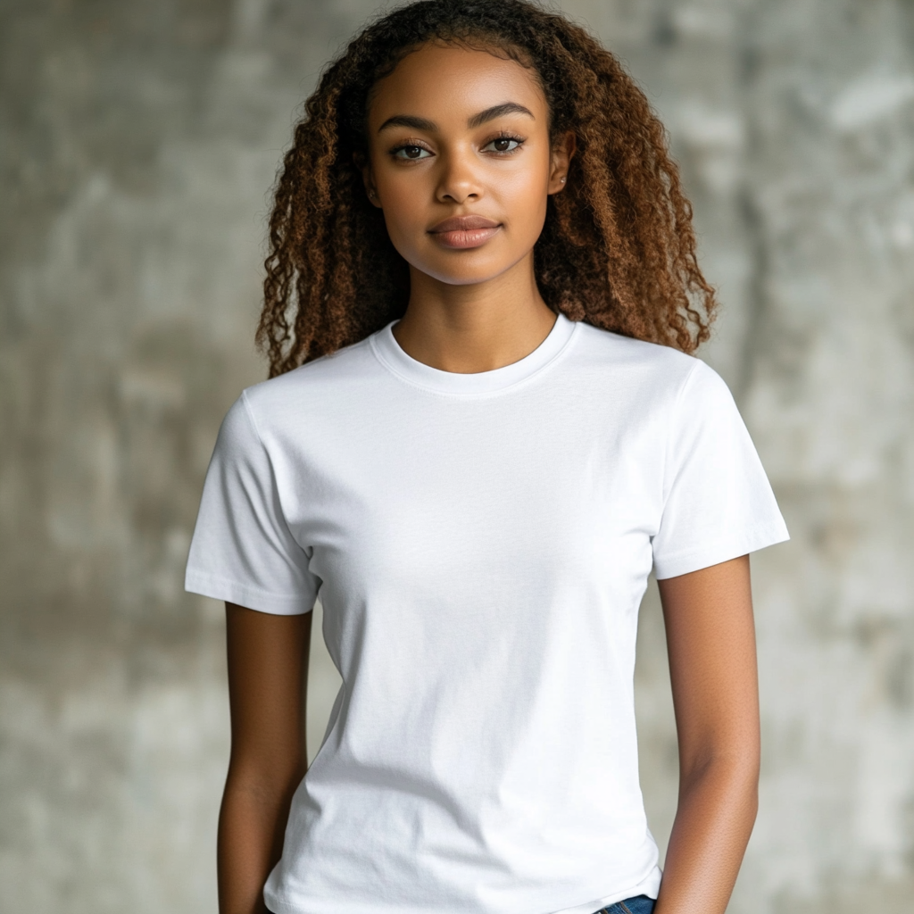 Mixed woman in white t-shirt, no creases, necklace.