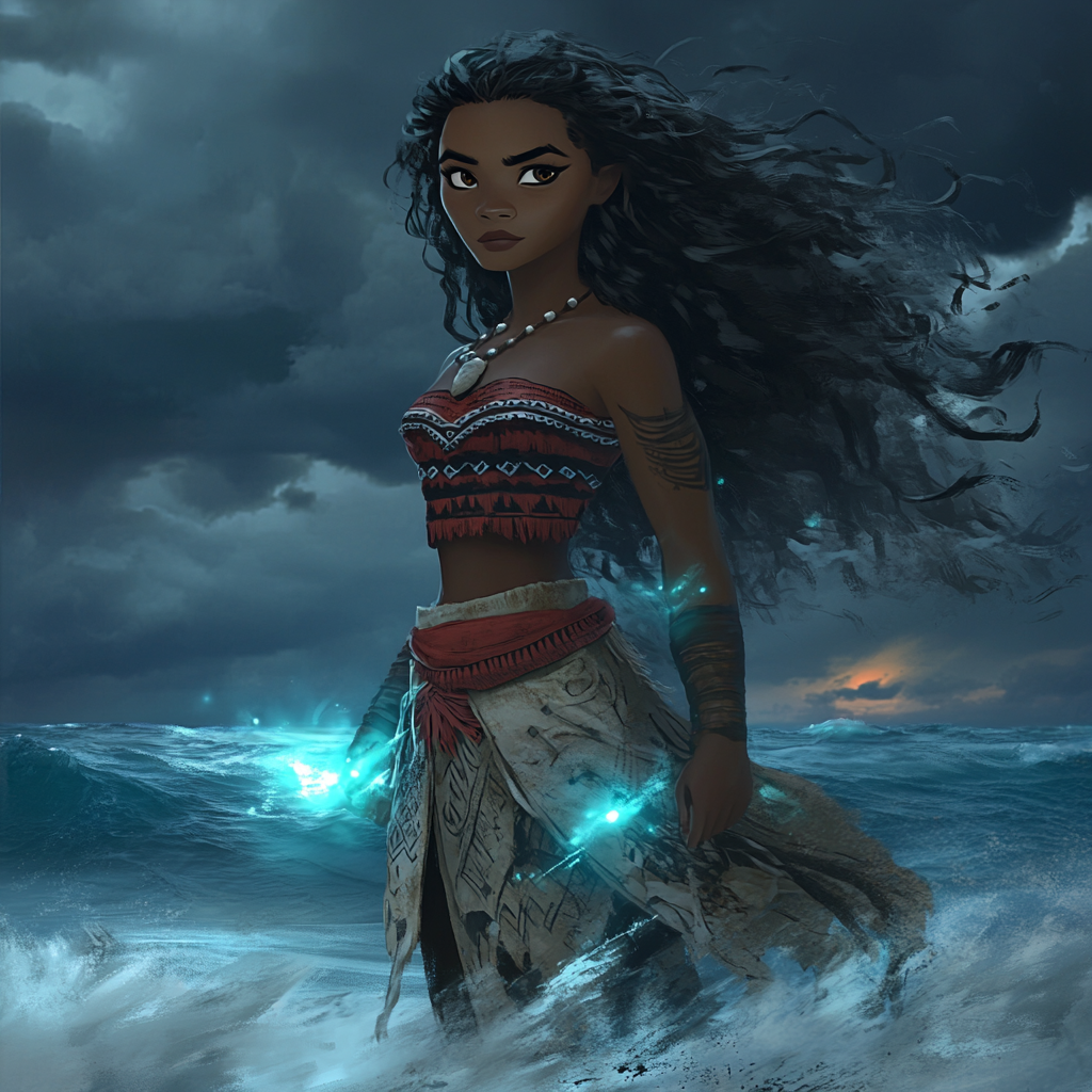 Moana in dark fantasy style with fierce expression.